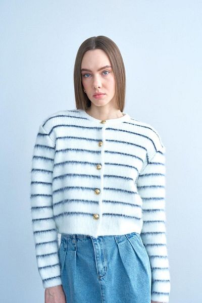 modaserdem Ruffled Thin Striped Cardigan - Bone-Navy Blue