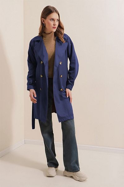 Gökyüzü Moda 5864 Double Breasted Collar Short Trench Coat - Navy Blue
