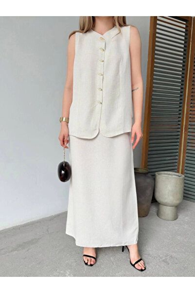 Simala Women's Linen Sleeveless Cardigan Skirt Stylish Double Set