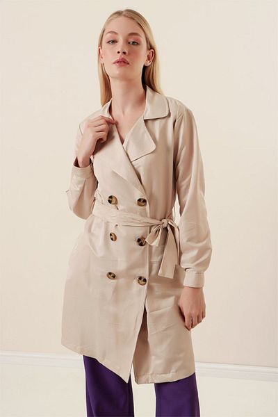 MRA Fashion 5864 Double Breasted Collar Short Trench Coat - Beige