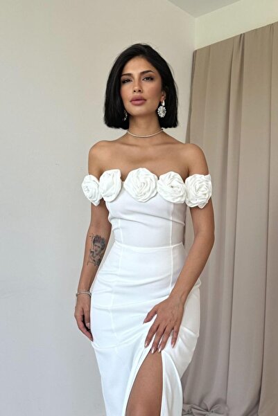 modaserdem Λευκό γιακά Madonna με τριαντάφυλλο βραδινό-βραδινό-αποφοίτηση-νυφικό φόρεμα