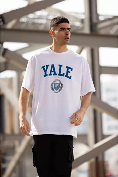 JANES Унісекс футболка з принтом на шиї з великим вирізом - білий