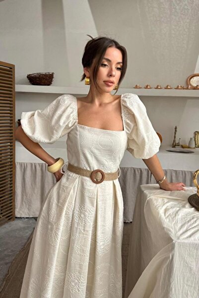 Kokosh moda Beige Balloon Sleeve Brode Dress