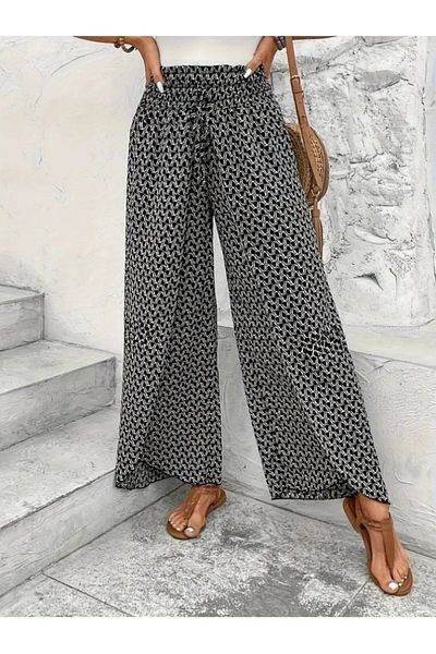 COTTONLAB Women's High Waist Elastic Front Two Piece Patterned Wrap Pants