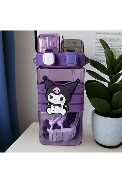ada çanta kırtasiye Kuromi Figured Children's Water Bottle Flask 520ml with Strap, Two Compartments Cover Plastic Ad1418