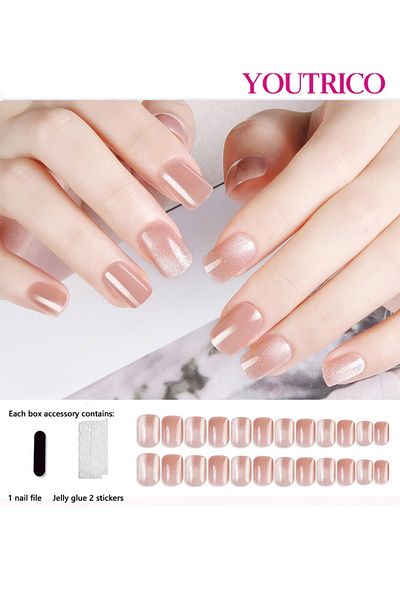 Youtrico 24 Press On Nails,ladies Pink Cat Eye, High Glitter Pink,short Square Round Nails