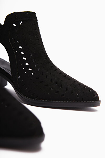 Limoya Julian Siyah Süet Delikli Kalın Topuklu Kadın Western Yazlık Bot Fırsat Ürünü