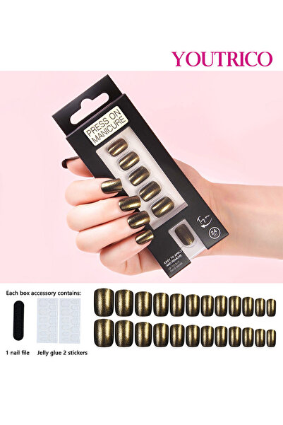 Youtrico 24 أظافر صناعية، أظافر أورورا لامعة باللون الأسود الذهبي للنساء