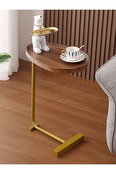 COOYA Modern C Shape Movable Side Table, With Glod Metal Frame, Marble Wood, 60x32x30 cm, for bedroom