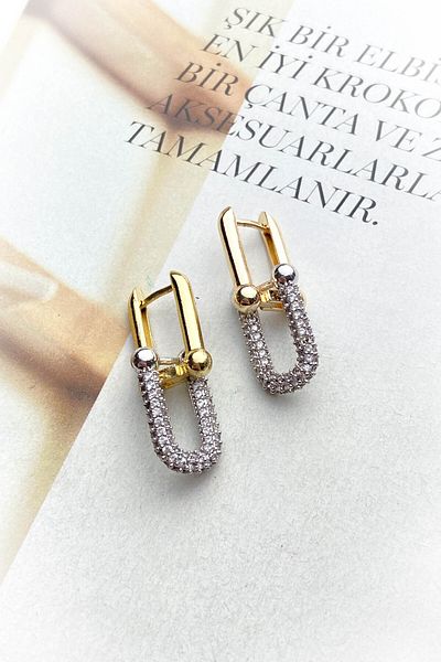 roshel Steel Gold Color Model Zircon Stone Earrings