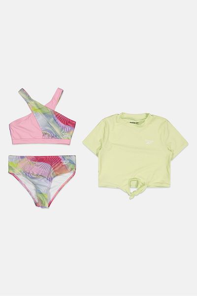 Reebok Kids Girl 3 Pieces Rashgurd With Top and Bottom Bikini Set, Apple/Pink