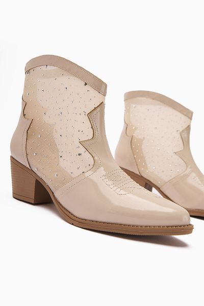 Limoya Rudi Beige Patent Leather Embroidered Western Women's Stone Summer Boots
