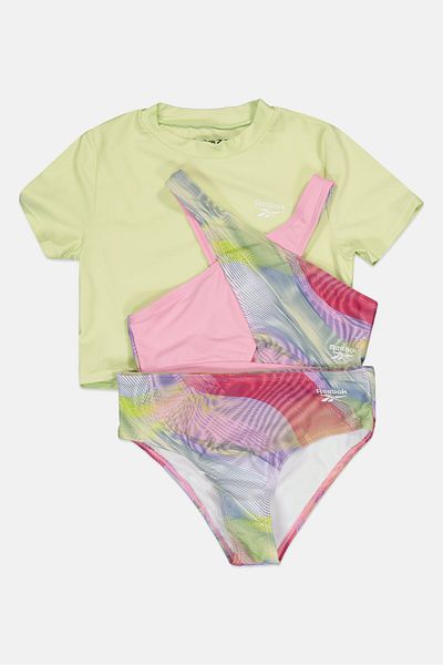 Reebok Kids Girl 3 Pieces Rashgurd With Top and Bottom Bikini Set, Apple/Pink