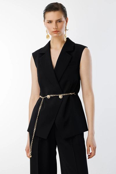Ekol Double Breasted Collar Waist Chain Belt Vest Black