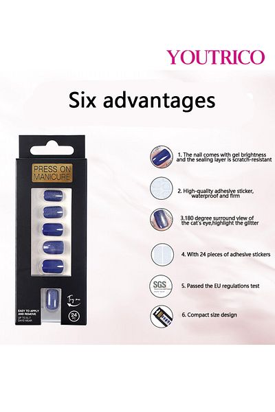 Youtrico 24PCS Premium Women's Press On Nails, Blue Cat Eye, High Gloss Glitter, Short Square Fake Nails