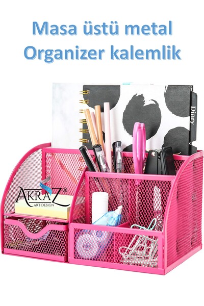 Akraz Art Design MASA ÜSTÜ ORGANİZER METAL KALEMLİK PEMBE YEDİ GÖZLÜ (MASA SE...