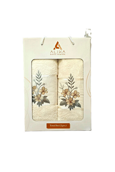 Kotonia Home Set of 2 jacquard bath towels with embroidery, 100% cotton, 50×90 cm and 70×140 cm, ivory, 002