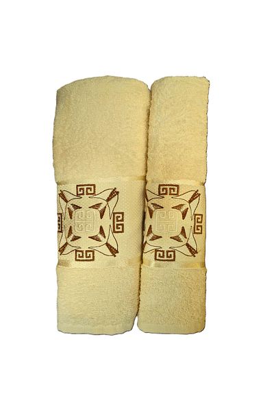 Kotonia Home Set of 2 jacquard bath towels with embroidery, 100% cotton, 50×90 cm and 70×140 cm, ivory, 004