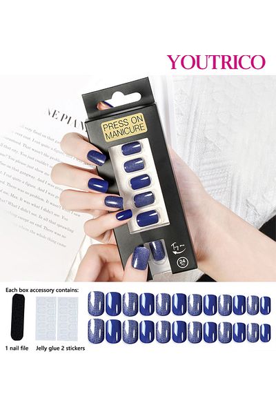 Youtrico 24PCS Premium Women's Press On Nails, Blue Cat Eye, High Gloss Glitter, Short Square Fake Nails