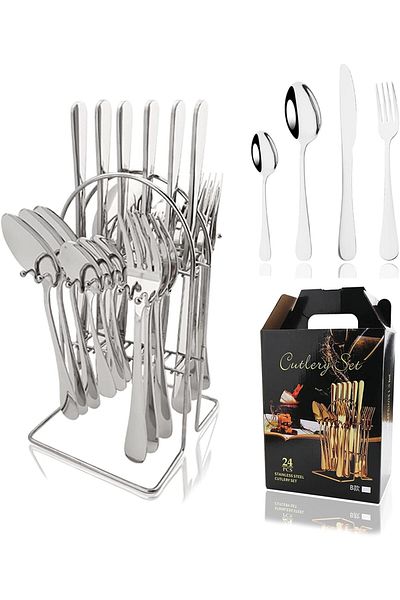 COOYA 24-piece hanging cutlery set and holder, dishwasher safe, for 6 people, for a housewarming gift