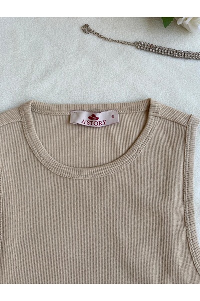 Astorya A'story :Beige Fitted /Fitting Crop Halter Neck Stretch Knitted Tank Top