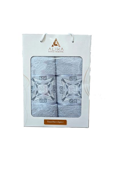 Kotonia Home Set de 2 prosoape de baie jacquard cu broderie, 100% bumbac, 50×90 cm și 70×140 cm, albastru, 004