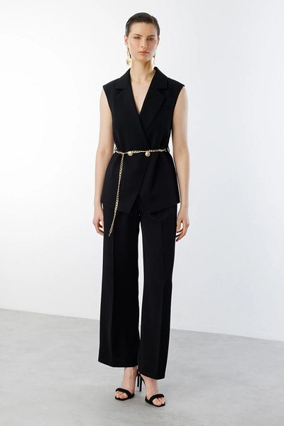 Ekol Double Breasted Collar Waist Chain Belt Vest Black