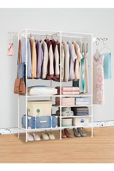 Taimi Metal Clothes Organizer Multi-Functional With Two Sections And Poles For Hanging Clothes White