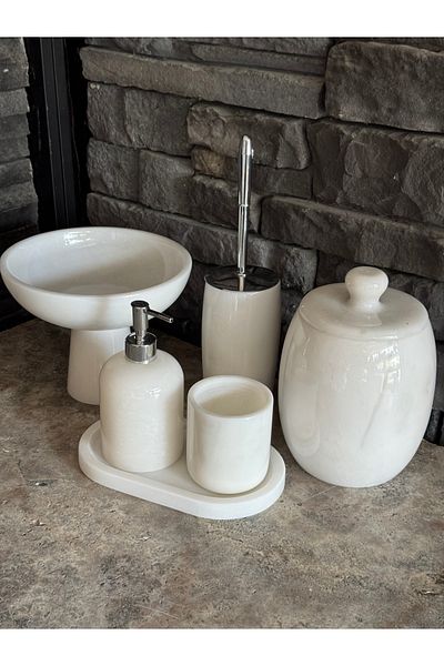 Polen Stone Oval Model 6 Piece White Marble Bathroom Set