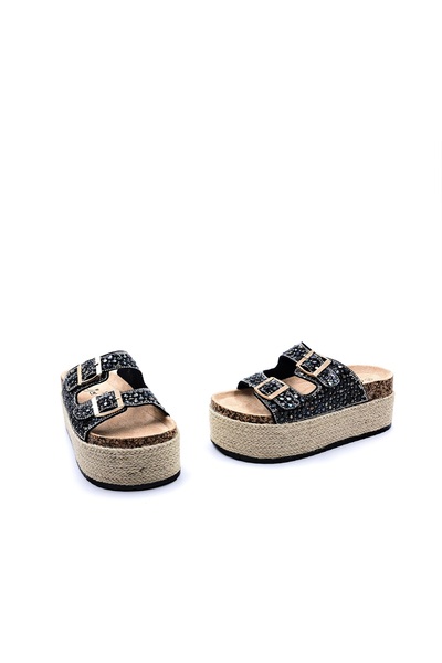 Guja Espadrille High Sole (6 cm) Double Buckle Stone Black Women's Slippers