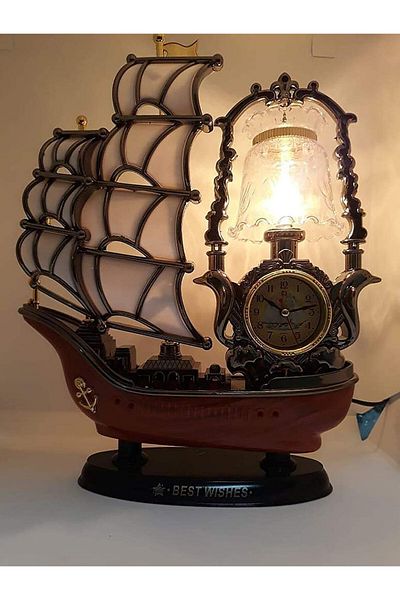 NO BRAND Beautiful Modern Art Handcrafted Ship with Lamp and Clock