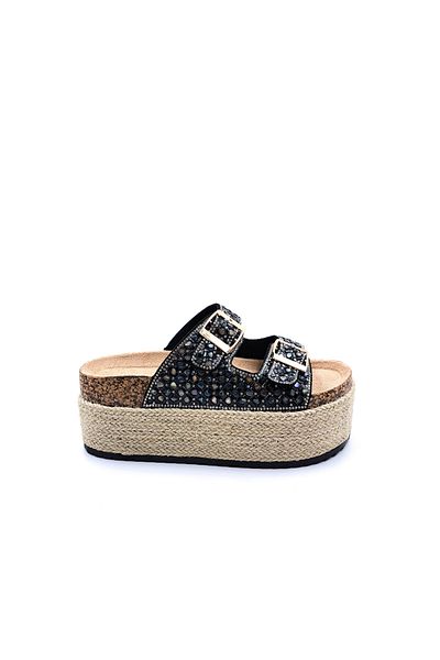 Guja Espadrille Talpă înaltă (6 CM) Papuci de damă negri cu cataramă dublă
