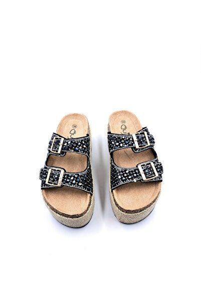 Guja Espadrille High Sole (6 cm) Double Buckle Stone Black Women's Slippers