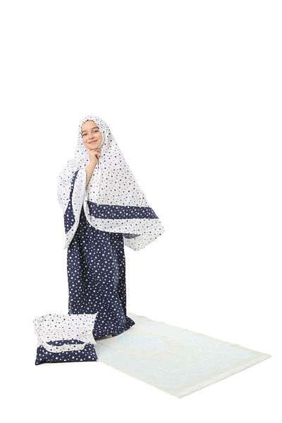 Liyavera Small Size Navy Blue Colored Prayer Dress Set with Prayer Mat and Star Printed Bag