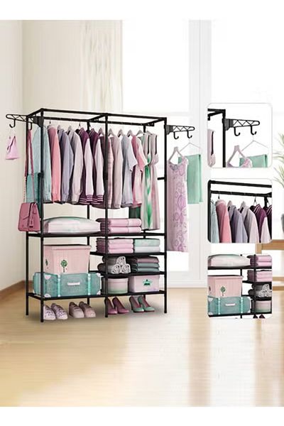 Taimi Metal Clothes Organizer Multi-Functional With Two Sections And Poles For Hanging Clothes Black
