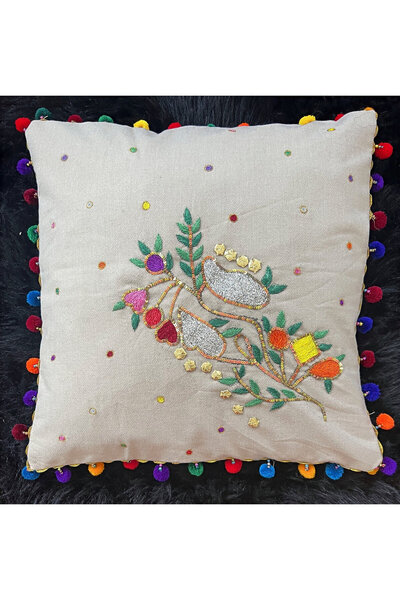 NO BRAND Hand Embroidered in multicolor cushion cover - Base color- Beige
