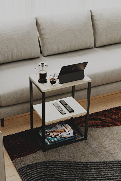 interGO Metal Ayaklı ve Ahşap Raflı Dekoratif Yan Sehpa