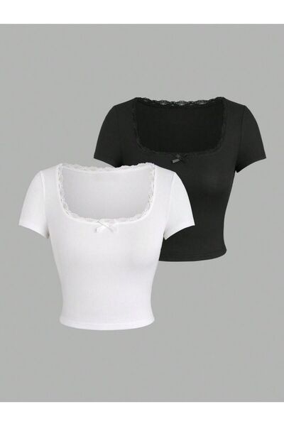 vardardressing Dantel Yaka Kadın Yazlık Kısa Kollu Body 2li Paket