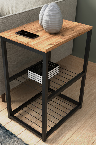 interGO Metal Ayaklı Dekoratif Tel Raflı Yan Sehpa