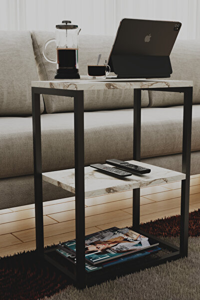 interGO Metal Ayaklı ve Ahşap Raflı Dekoratif Yan Sehpa