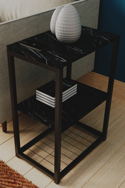 interGO Metal Ayaklı ve Ahşap Raflı Dekoratif Yan Sehpa