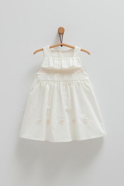 KIPIRIK BABY Baby Girl Dress Ecru Strap Ruffle Flower Embroidered