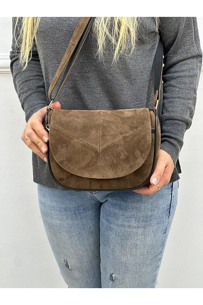 Deribag Piele autentică, curea încrucișată, geantă de umăr pentru femei, piele intoarsa maro, 21*20*7 cm