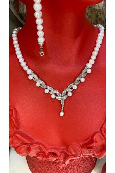 TRİA SİLVER Yaprak Figürlü Zirkon Taşlı 925 Ayar Gümüş Gerçek İnci Kolye Küpe Yüzük Seti