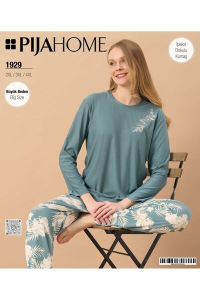 PİJAHOME Ženska pidžama velike veličine tirkizne boje sa dugim rukavima