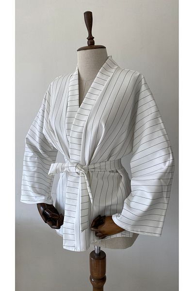 Glowear Atelier White Black Striped Design Belted Kimono