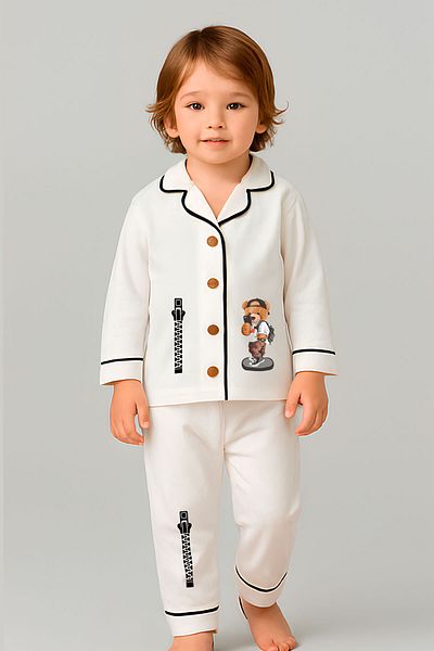 peki baby&kids Well Boy Soft Combed Cotton Teddy Selfie Teddy Bear Print Line Piping Pajama Set 18859