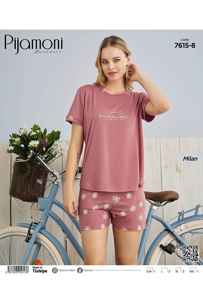 Pijamoni Σετ γυναικείες πιτζάμες Dusty Rose Color Bamboo Milan υφασμάτινο κοντομάνικο σορτς