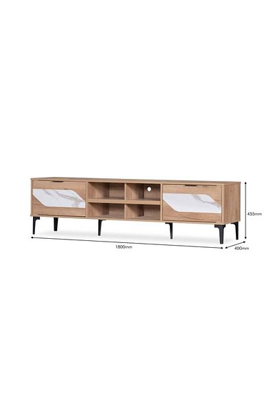 Generic Plasma TV Table with Two Drawers, Malaysian Wood, 180 cm, Shelves, Fixed Base, Wooden Color