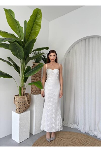 Julidress Λευκό Στράπλες Λαιμόκοψη Μίντι Μακρύ Δαντελένιο Φόρεμα Premium